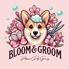 Bloom & Groom logo, an illustrated corgi surrounded by pink flowers