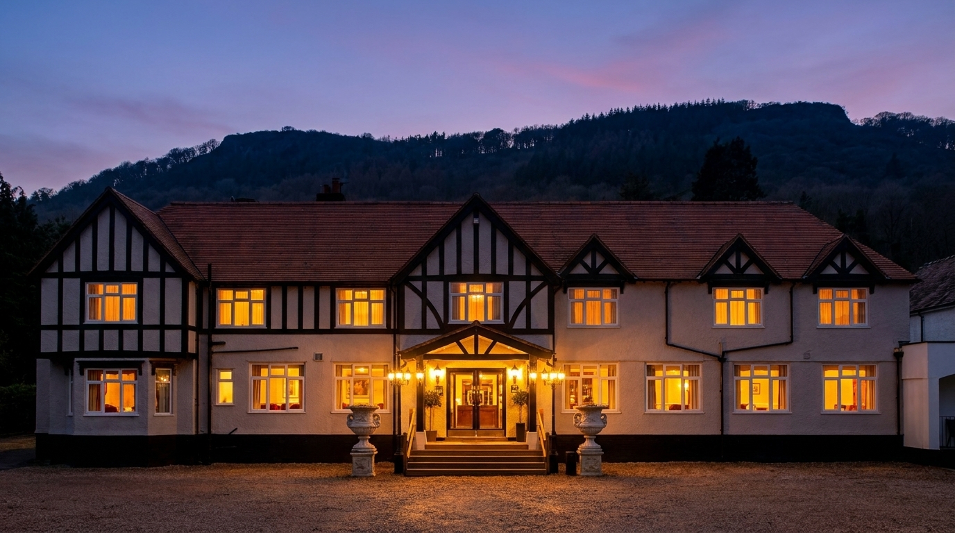 The Tudor-revival facade of Buckatree Hall at dusk with warm window light glowing from inside, the wooded ridge of The Wrekin silhouetted behind.