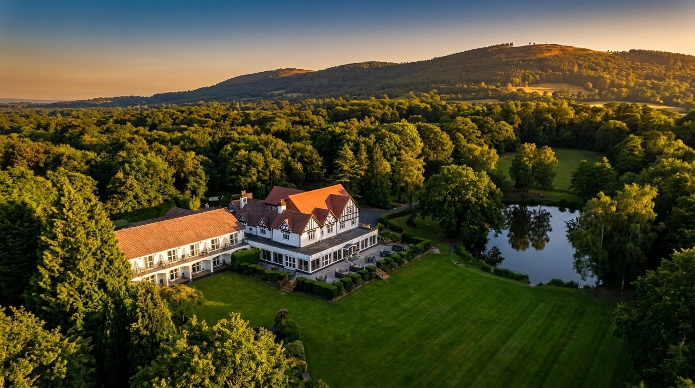 An aerial view of Buckatree Hall and its estate at golden hour, showing the Tudor-revival hotel nestled in 5.45 acres of woodland with the private lake to the right and The Wrekin's wooded ridge rising in the background.