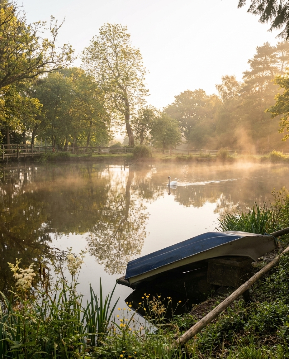 The private lake at Buckatree Hall at sunrise, mirror-still water reflecting the surrounding trees, a small wooden rowing boat on the grassy bank, mist rising gently off the water.
