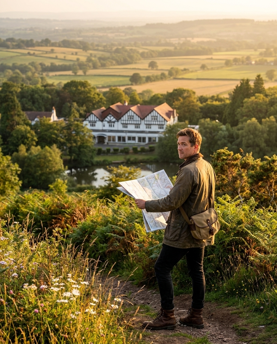 A walker in a Barbour jacket on the lower slopes of The Wrekin at golden hour, holding an Ordnance Survey map and looking back over the view, with Buckatree Hall visible in the middle distance and rolling Shropshire farmland stretching beyond.