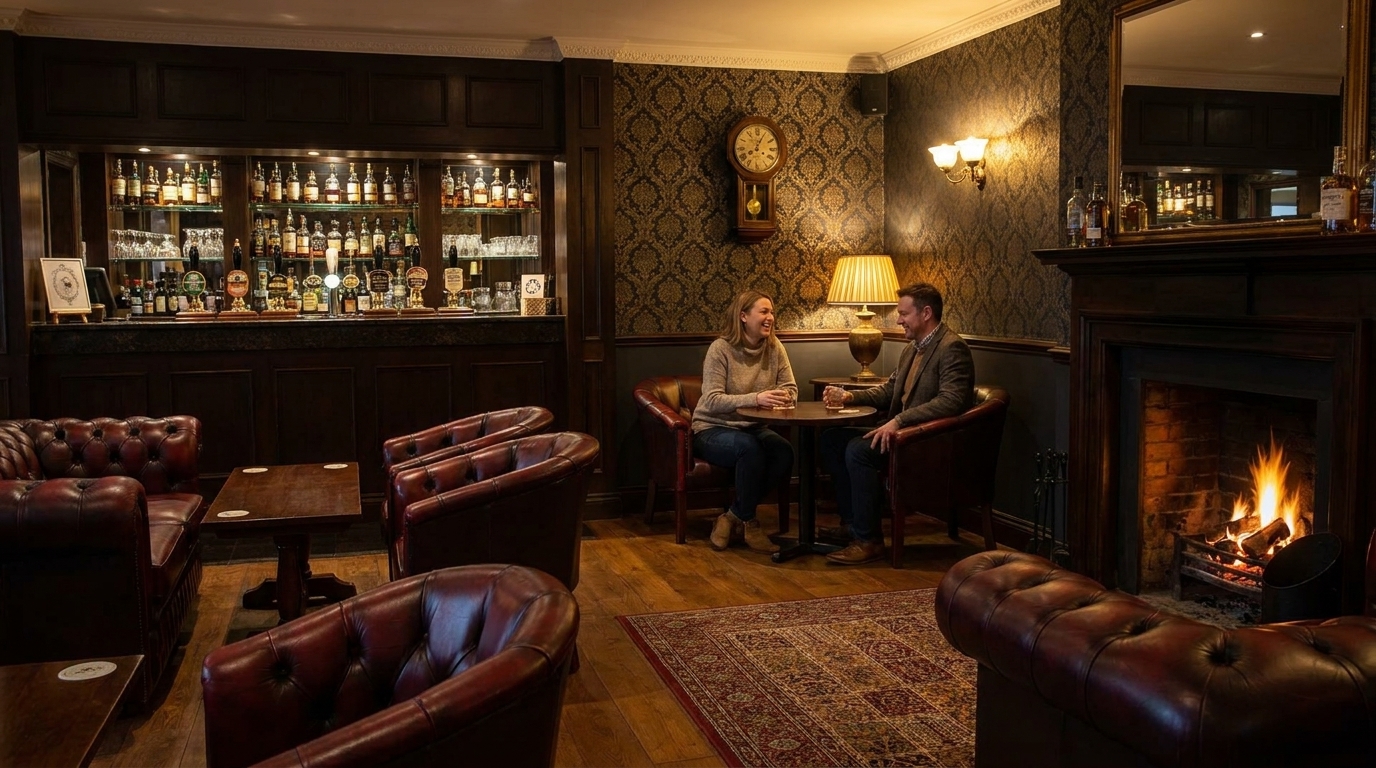 The Lander Bar at Buckatree Hall with ox-blood leather Chesterfield armchairs, a real log fire in the stone hearth, a stocked back-bar of single-malt whiskies, and a couple sharing a drink at one of the dark mahogany pub tables.