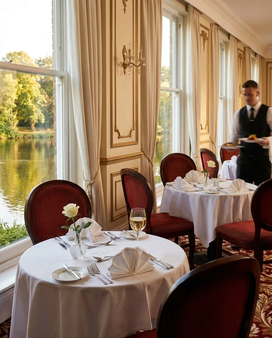 The Lakeside Restaurant at Buckatree Hall at golden hour, with claret upholstered French dining chairs, dressed tables and the lake visible through floor-to-ceiling windows.