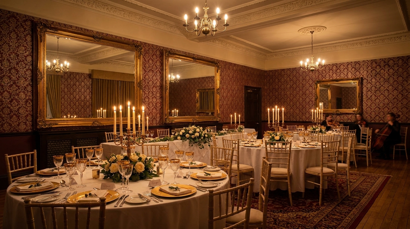 The Sir John Bayley Suite at Buckatree Hall dressed for a wedding reception, with two ornate gold-gilded mirrors reflecting candlelight, deep crimson damask wallpaper, round tables in white linen with gold chargers, candelabra, and a string trio at the side.