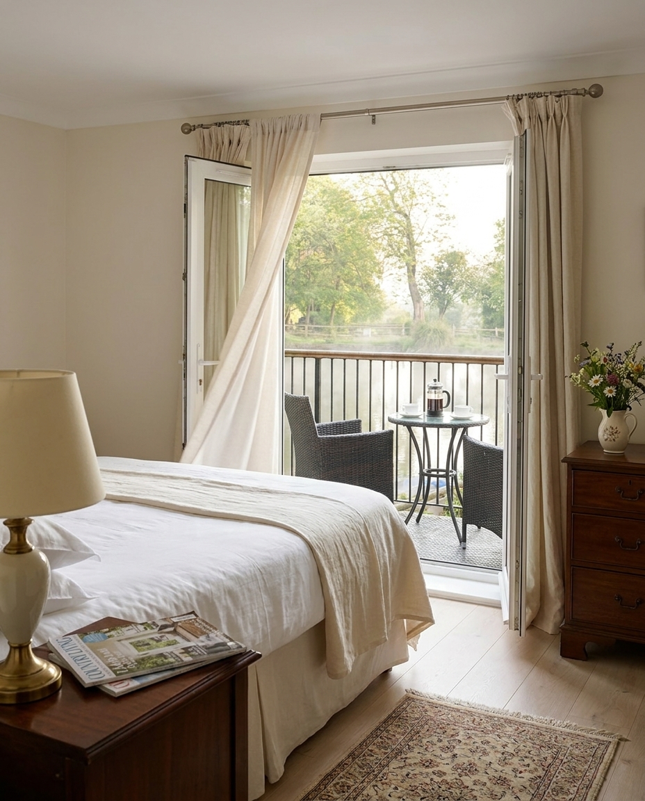 A lake-view bedroom with crisp white linen, open French doors onto a private wrought-iron balcony, and the lake visible through the trees in early-morning light.