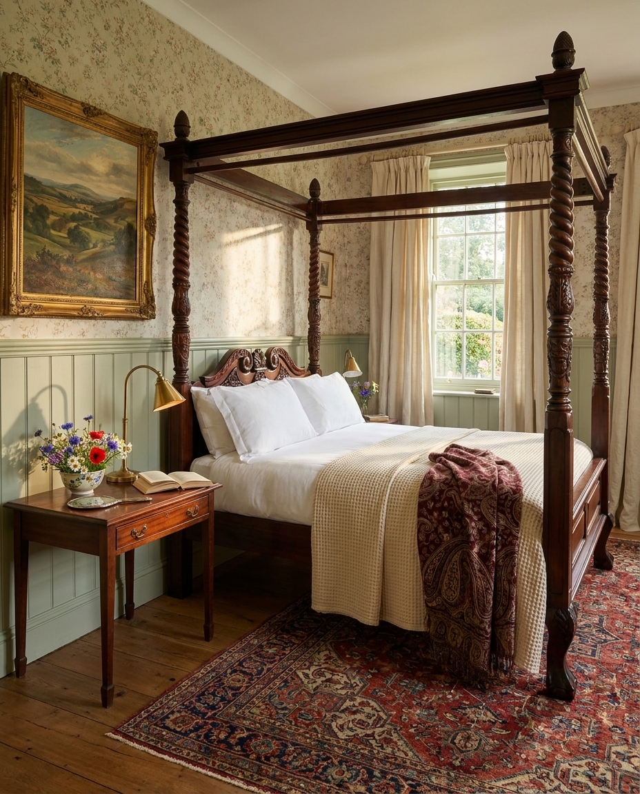 A heritage four-poster bedroom with hand-carved mahogany columns, crisp white linen, antique gilt-framed Shropshire landscape, persian rug, and sage-green panelling.
