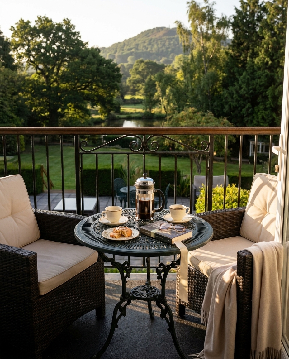 A private wrought-iron balcony with two wicker armchairs, a small bistro table with a fresh cafetiere of coffee, and the gardens of the estate stretching beyond with The Wrekin in the distance.