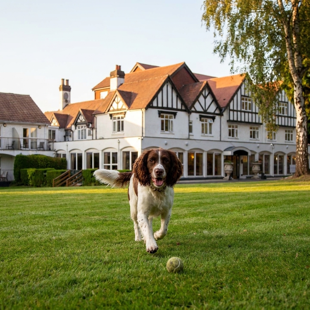 A liver-and-white English springer spaniel mid-stride on the lawn in front of the hotel facade, tennis ball in the foreground, warm late-afternoon summer light.