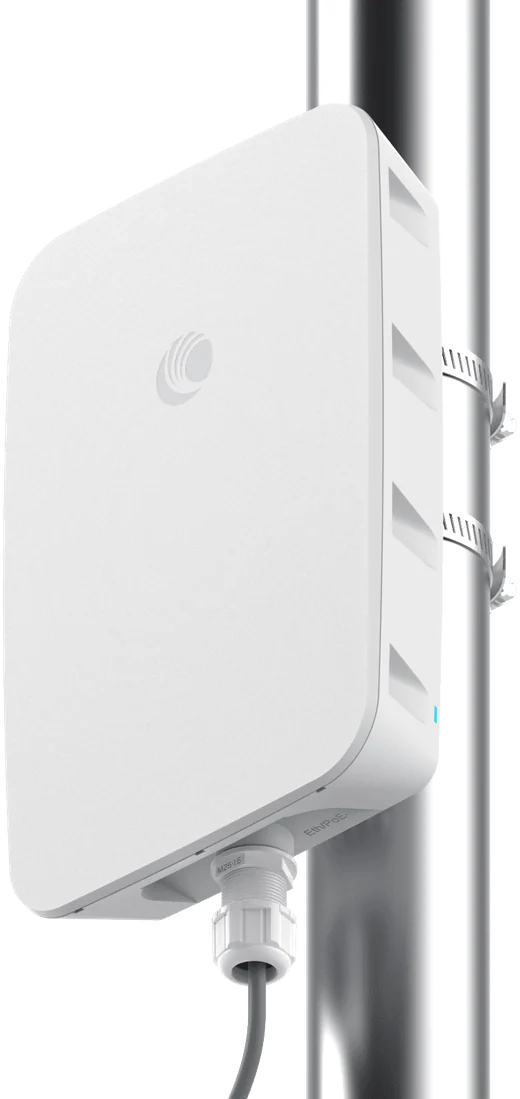 Cambium XV2-23T outdoor access point strapped to a metal pole, its cable running out of the underside.