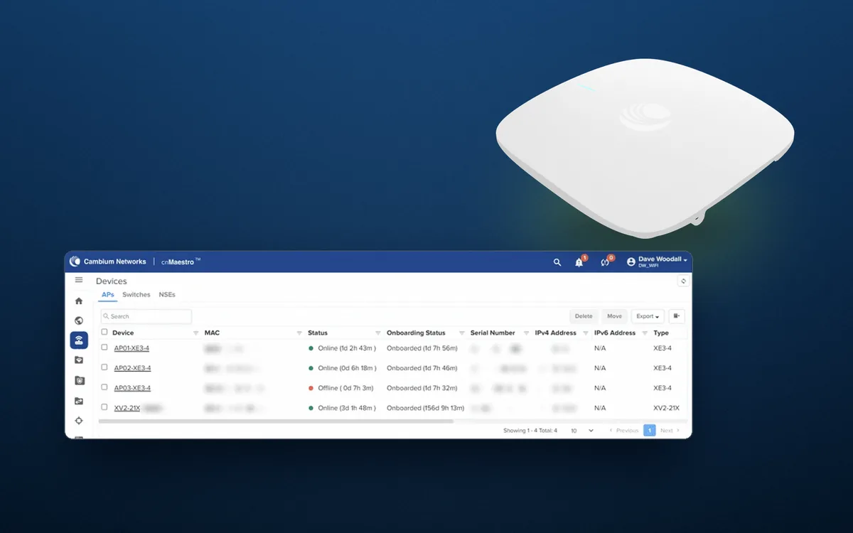 Illustration: the Cambium Networks XE3-4 Wi-Fi 6E access point, from the manufacturer's product render, on a navy backdrop with a soft lime glow.