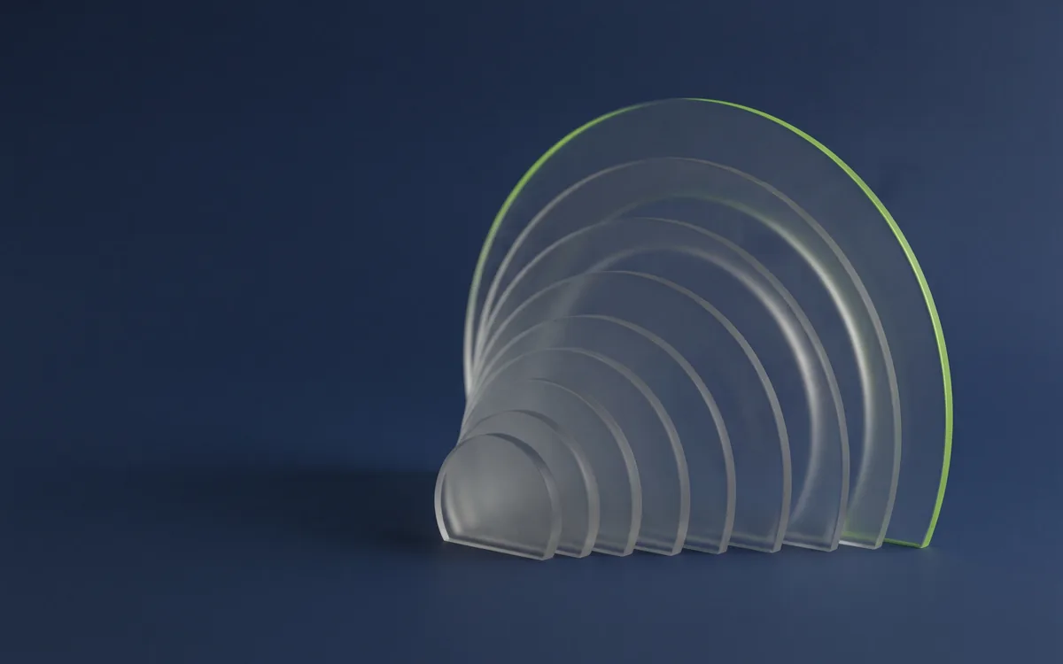 Illustration: nested arcs of frosted glass standing in a row from small to large, the largest edge-lit lime, like successive generations of Wi-Fi.