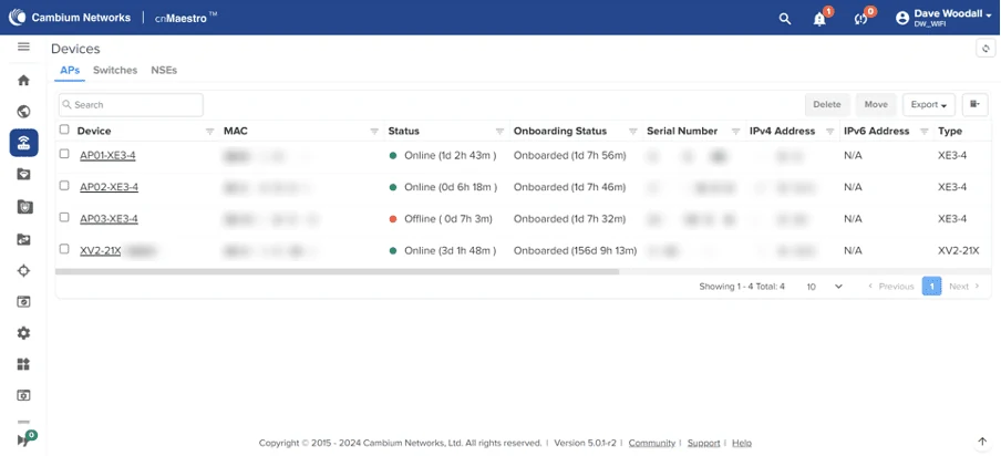 cnMaestro Devices list: AP01-XE3-4, AP02-XE3-4 and AP03-XE3-4 onboarded, AP03 offline, plus an XV2-21X