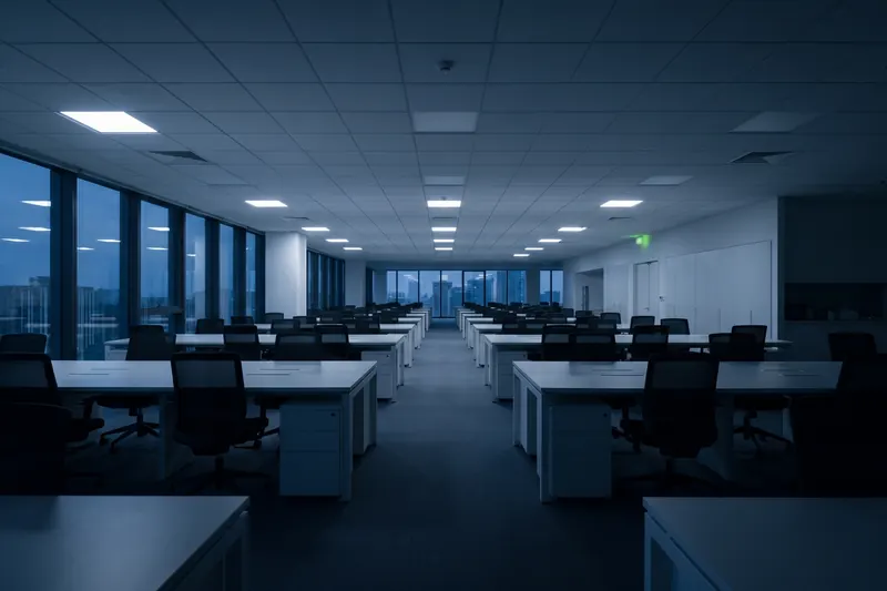 Illustration: an empty open-plan office floor at blue hour, rows of desks under a suspended ceiling, city lights beyond the glazing.