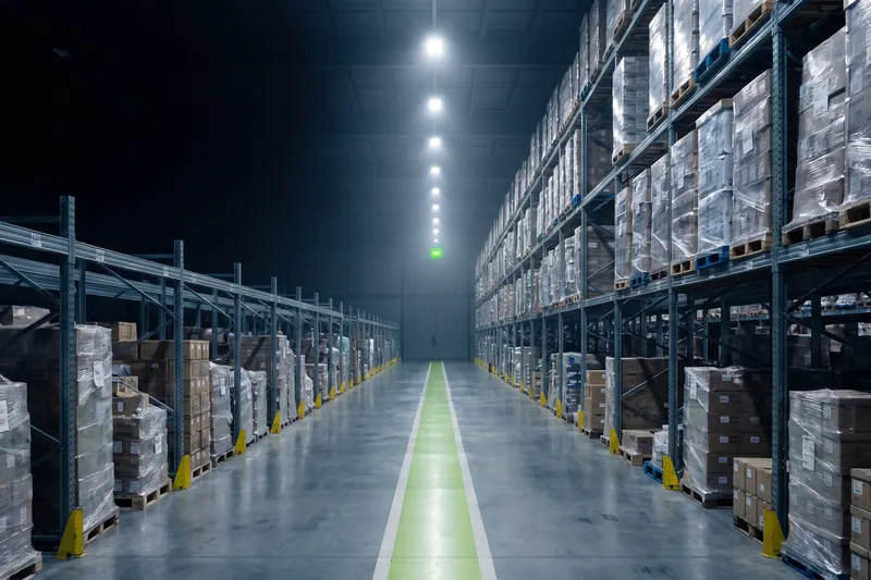 Illustration: a warehouse aisle between tall pallet racking under high-bay lights, a lime walkway line down the middle.