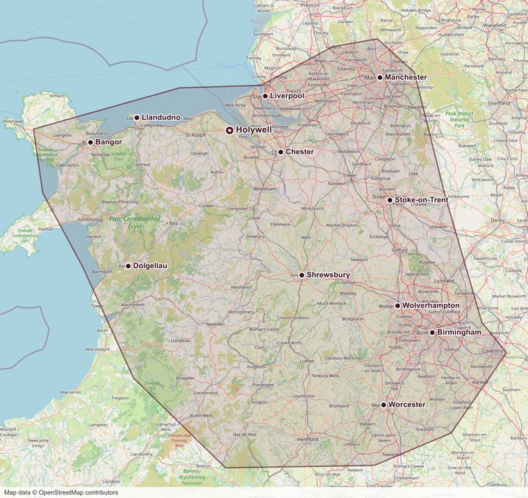 Map of the area Eastment's Caraclean covers, shaded from Anglesey, Bangor and Llandudno in the west, across Holywell, Chester and Liverpool, up to Manchester, and out through Stoke-on-Trent, Shrewsbury, Wolverhampton and Birmingham to Worcester in the south east.