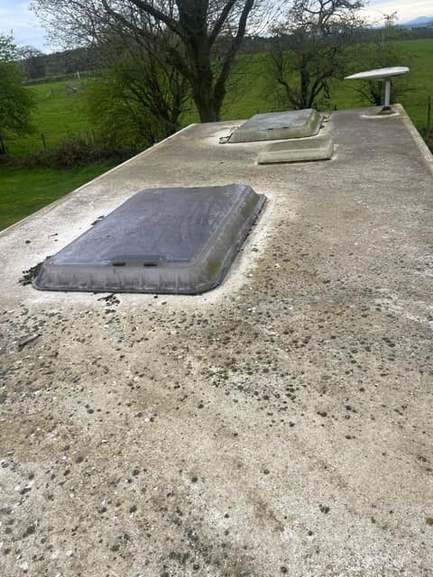 A close view of a caravan roof before cleaning, the surface heavily speckled with dirt and dark moss.