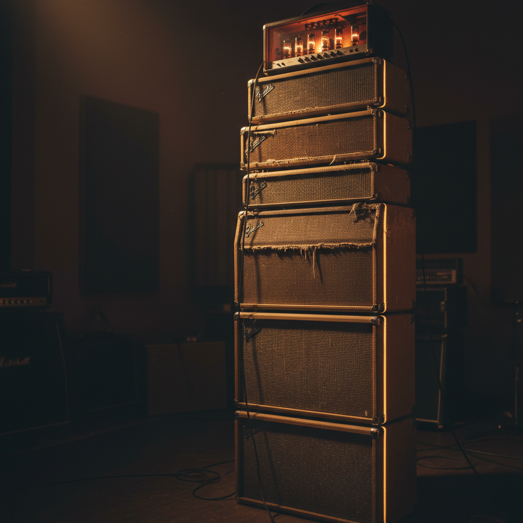 A stack of guitar amplifier heads and speaker cabinets lit with warm amber light