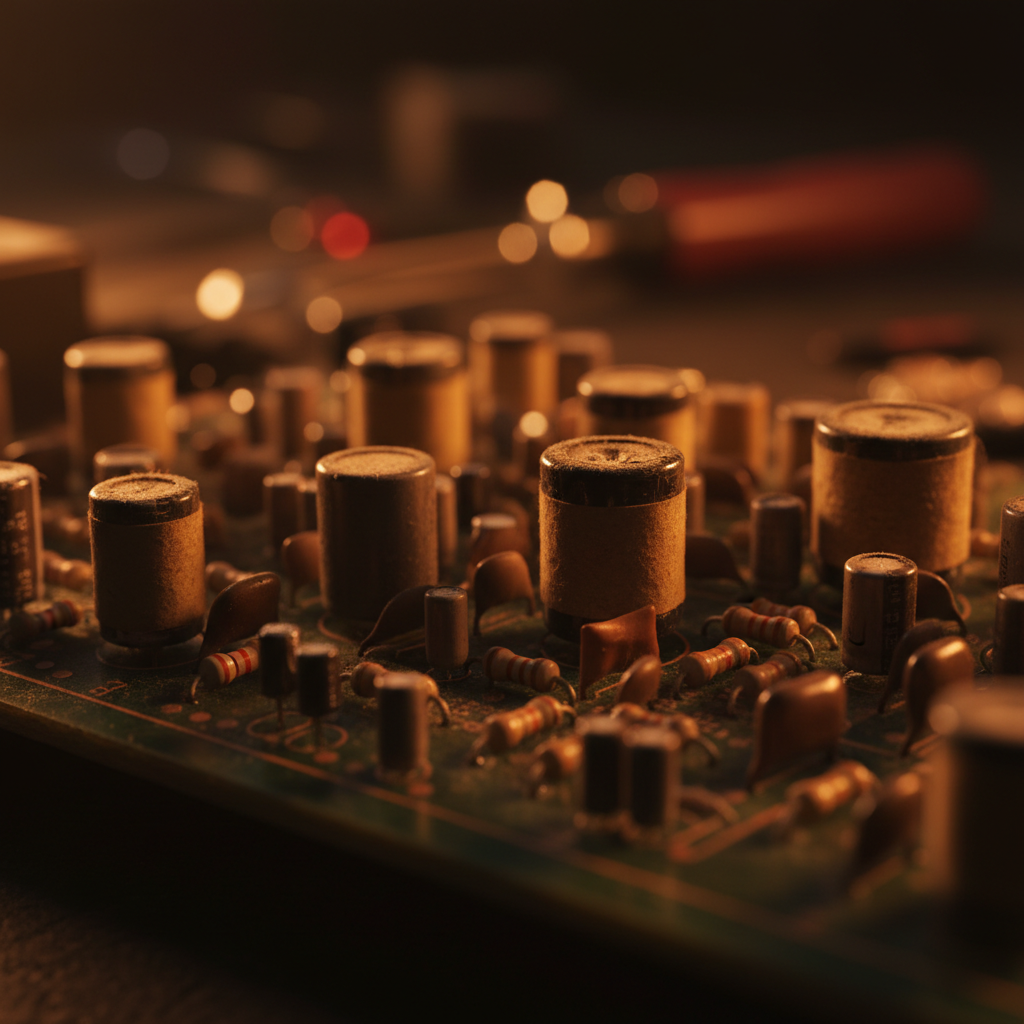 Macro of an amplifier circuit board being re-capped