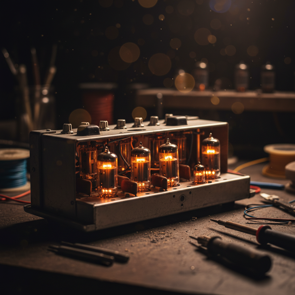 An open valve guitar amplifier on the workbench, its vacuum tubes glowing warm amber