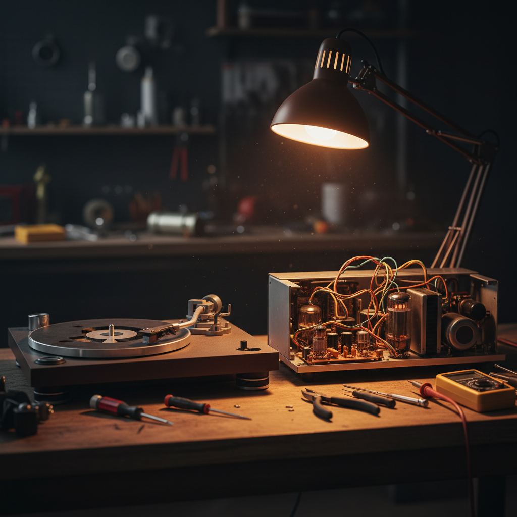A vintage hi-fi turntable and receiver restored on the bench