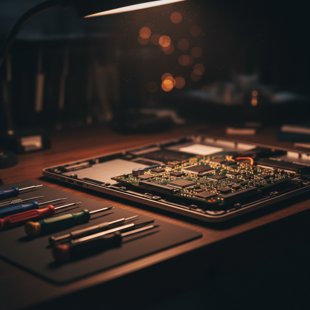A laptop opened for repair on the bench, motherboard exposed beside precision tools