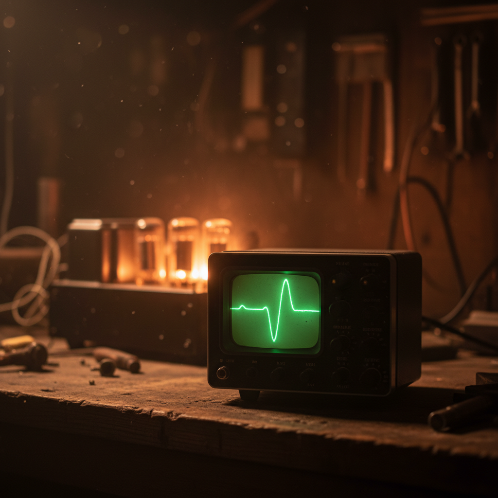 An oscilloscope showing a clean green waveform in the workshop