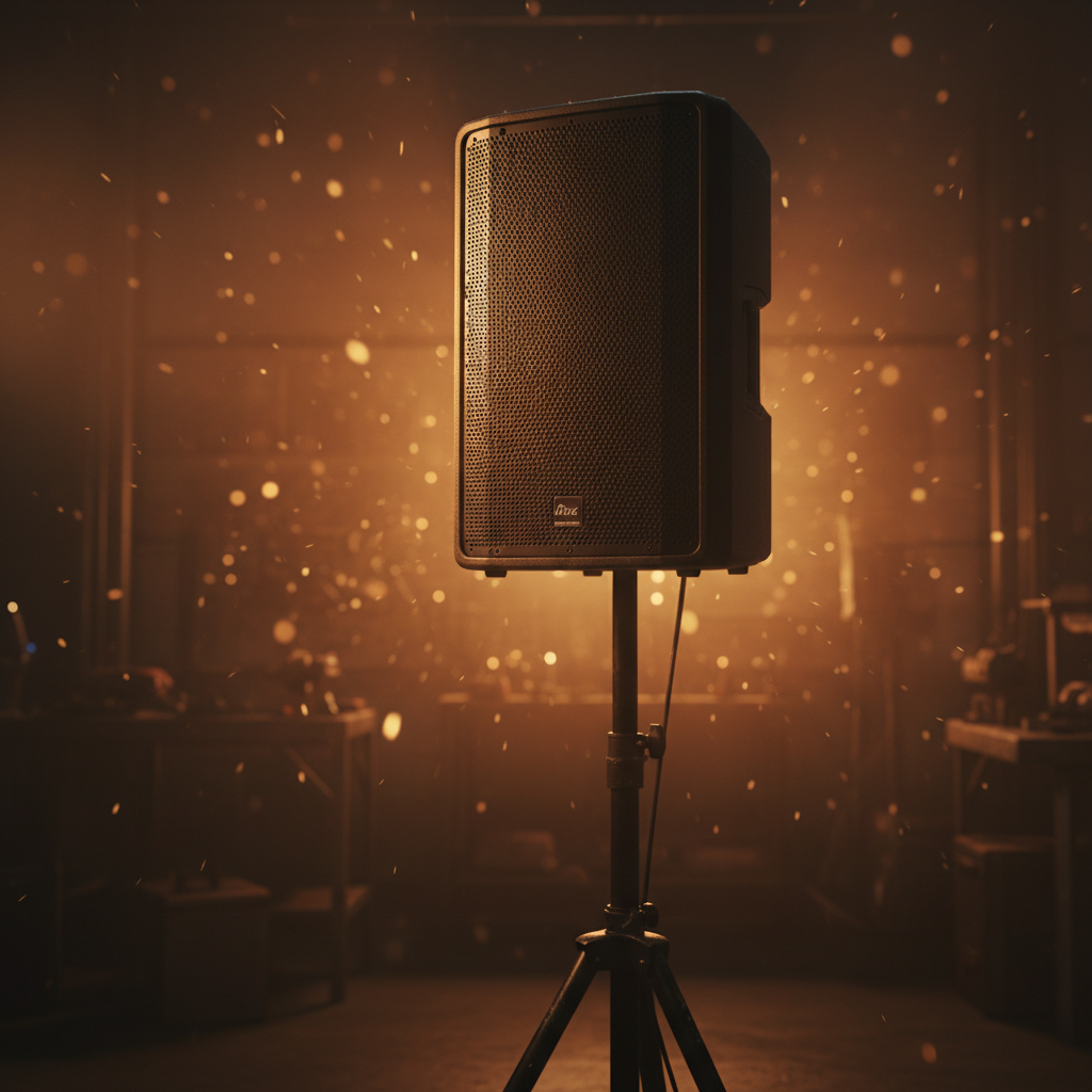 A PA loudspeaker cabinet tested in a dark venue