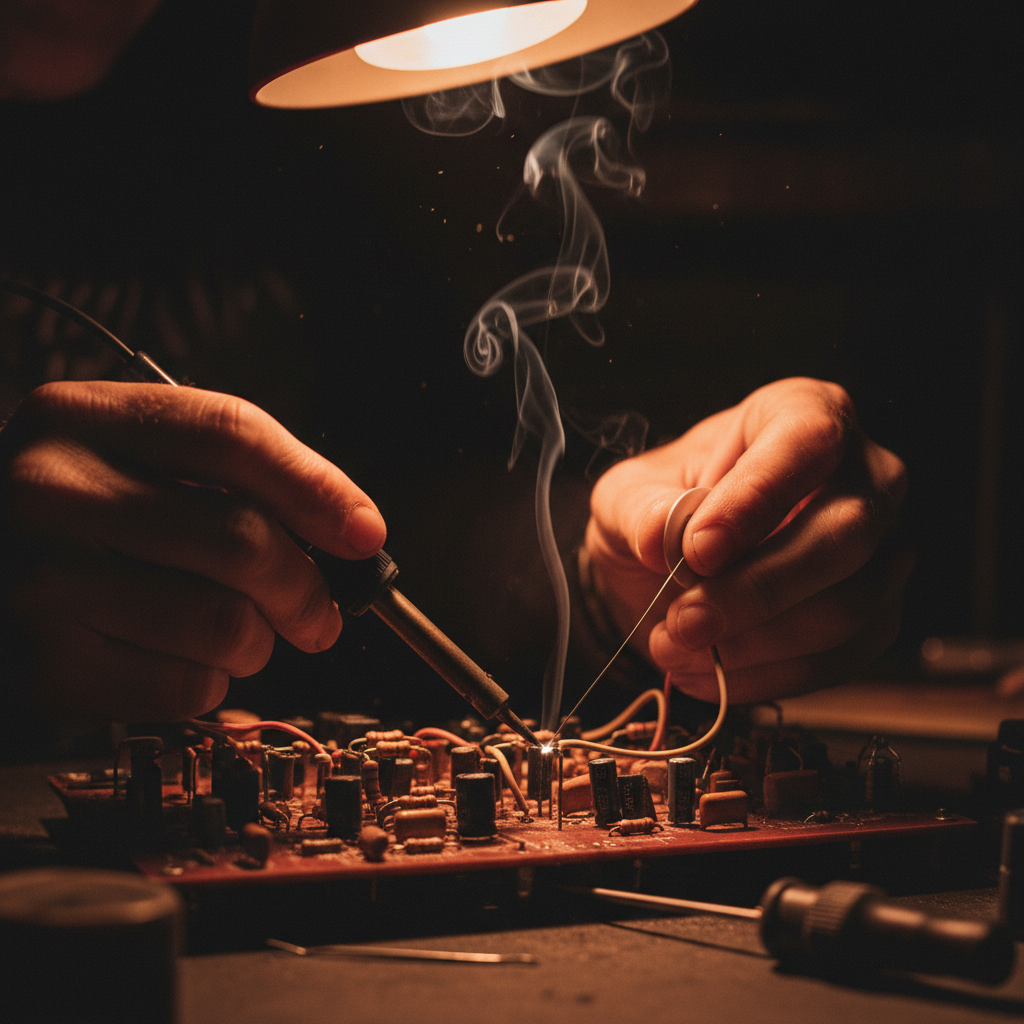 A technician's hands soldering a component onto an amplifier circuit board, the iron tip glowing