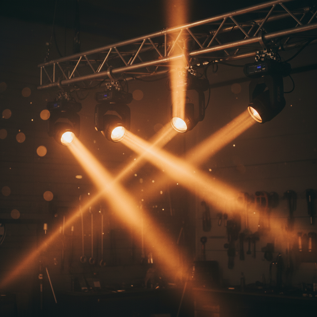 A professional stage lighting rig glowing warm amber over a live stage