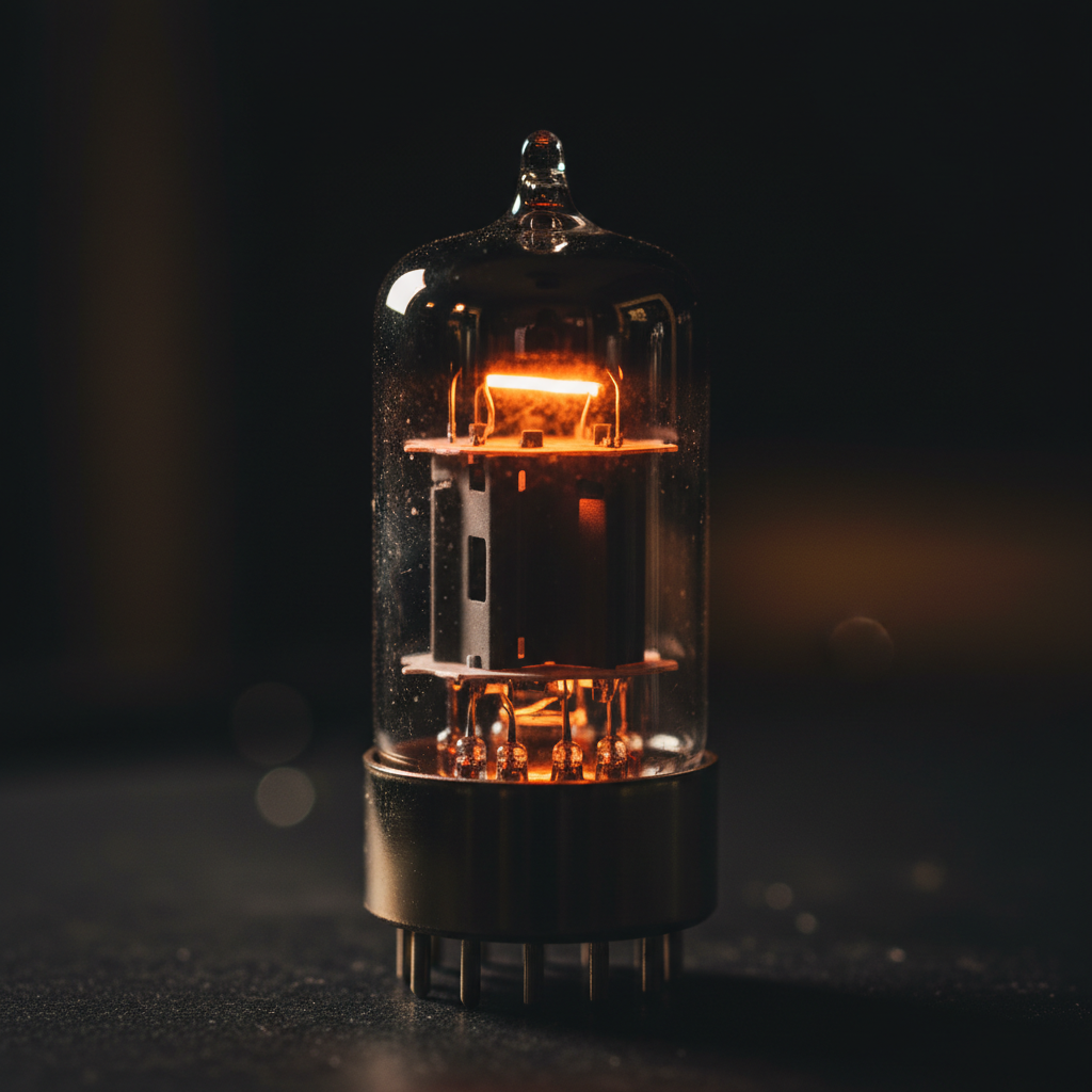 Extreme close-up of a single amplifier valve, its filament glowing orange