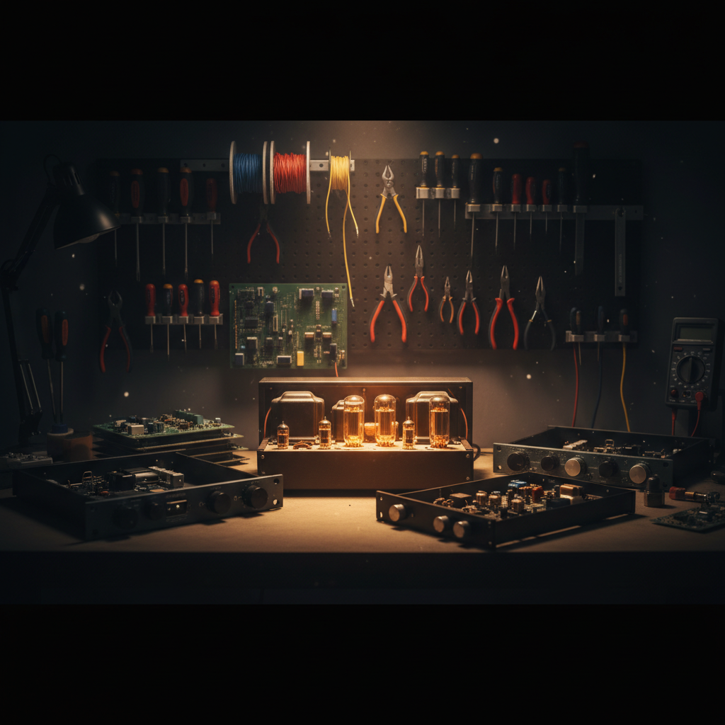 The Electronic Repairs UK workshop bench, tools racked on the wall and a valve amp glowing amber