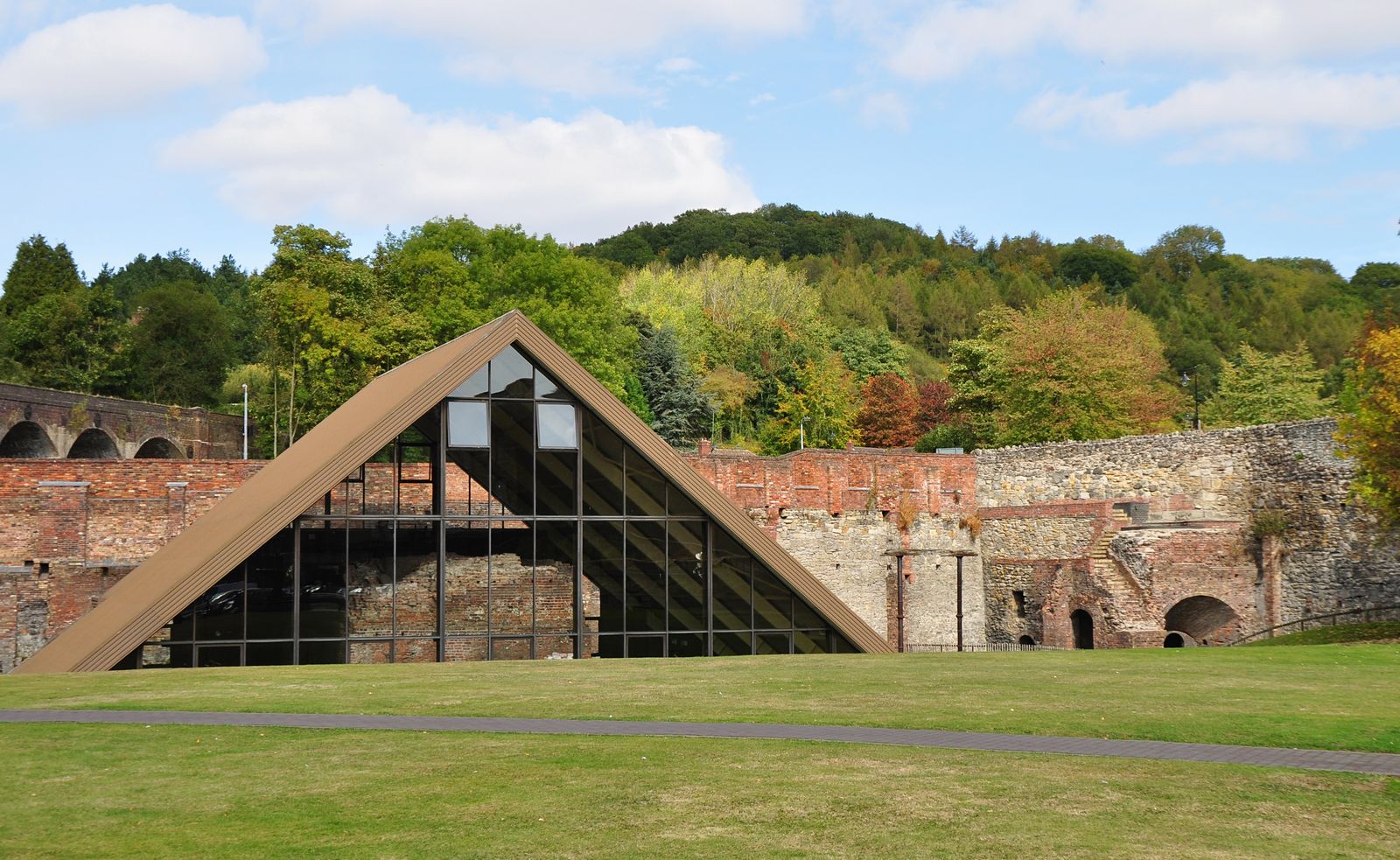 Abraham Darby's Old Furnace at Coalbrookdale, the brick furnace where iron was first smelted with coke, now under a glass cover
