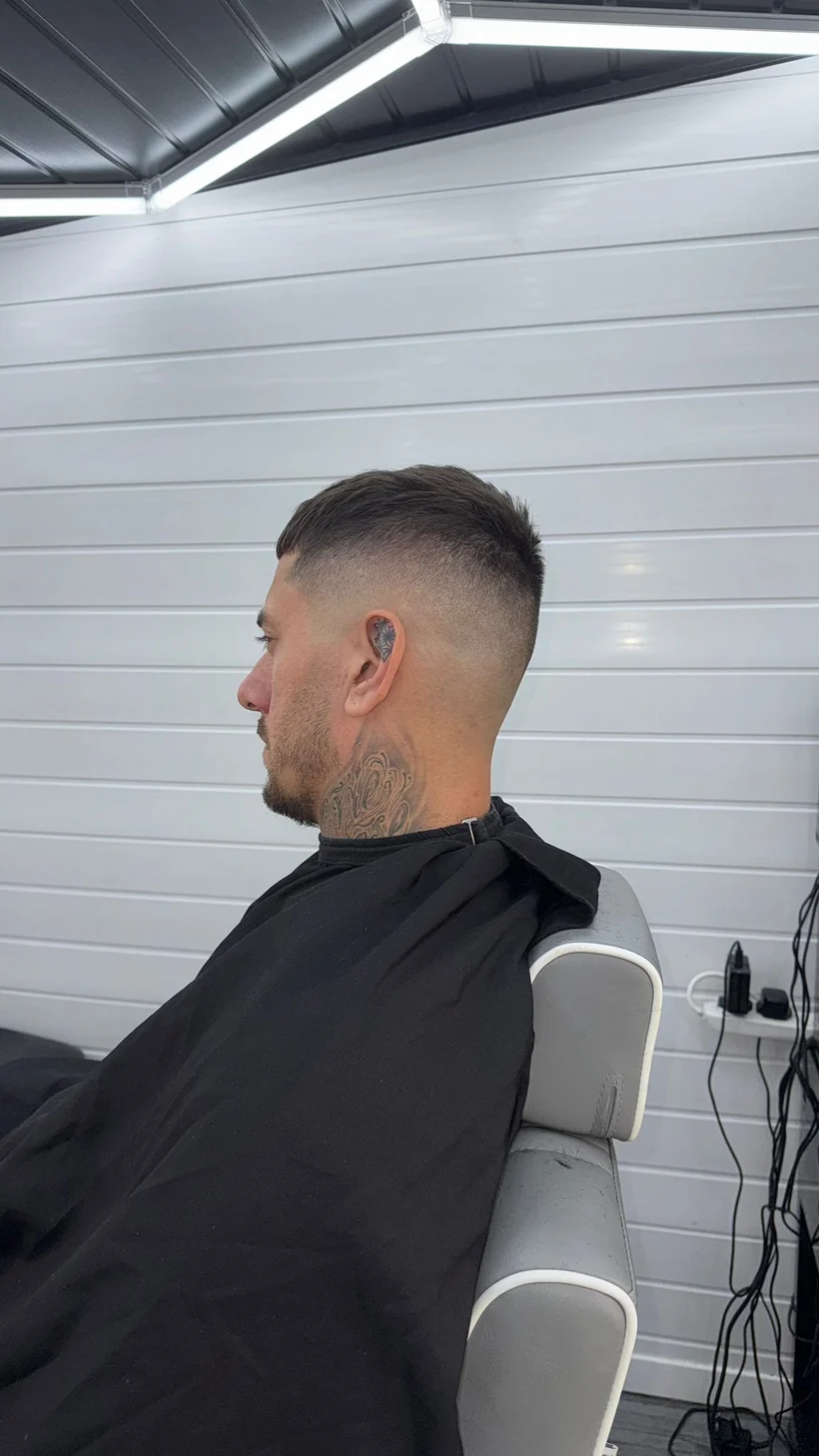 High skin fade and a lined-up beard, side profile, client in a black cape