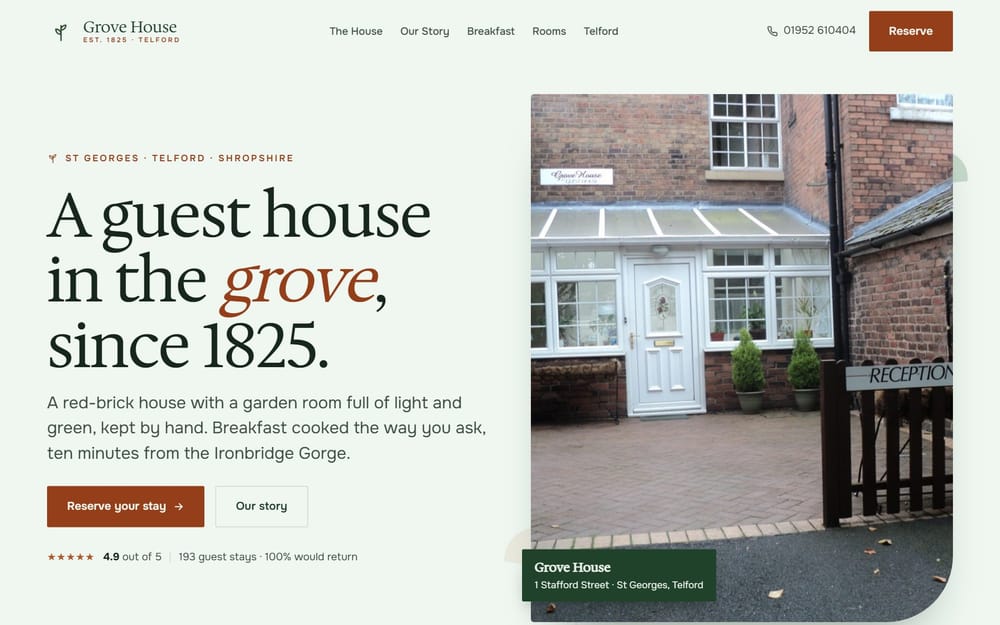 Grove House website, Guesthouse