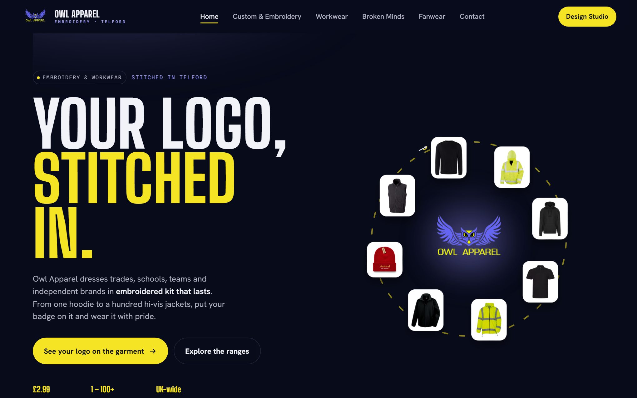 Owl Apparel website, Embroidery & workwear