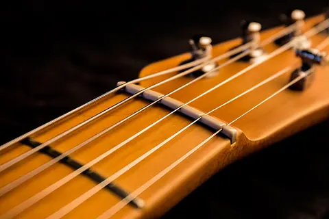 The nut and strings of the Cabronita where they cross onto the maple fingerboard