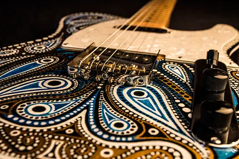 The gold bridge and control knobs of the hand painted Telecaster, set into the painted body