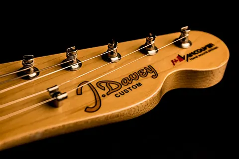 The same maple headstock from another angle, J. Davey Custom script and chrome tuners