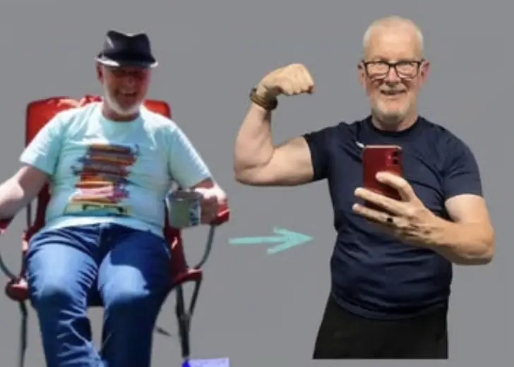 Before and after of an older client: before, sitting in a garden chair in a hat and jeans; after, flexing an arm in a mirror selfie.