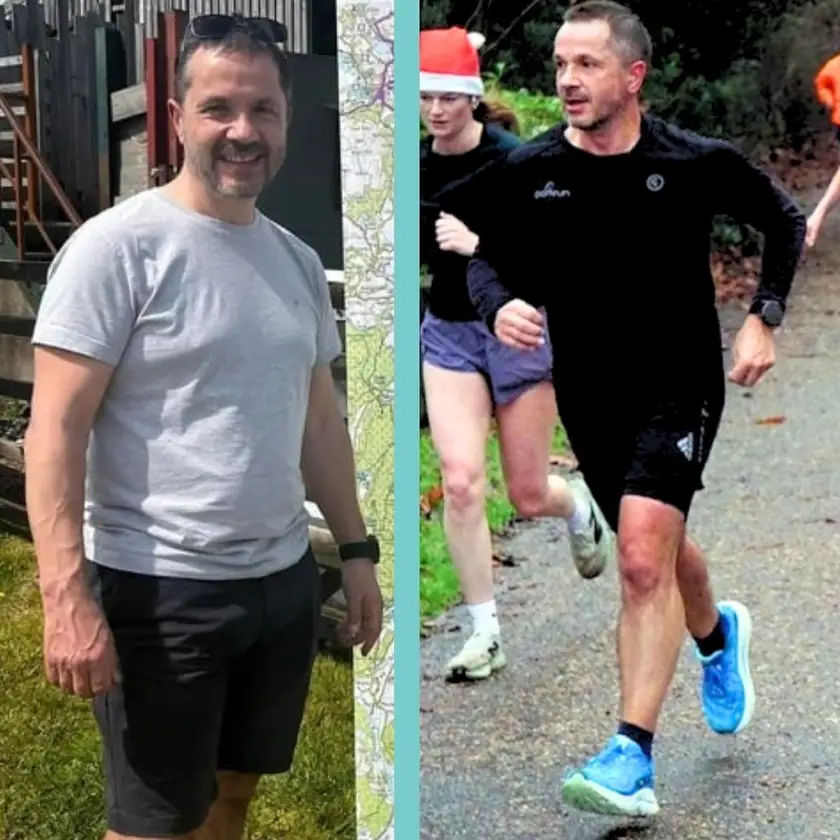 Before and after of a male client: before, standing in a grey T-shirt and shorts; after, running a trail race in black kit.