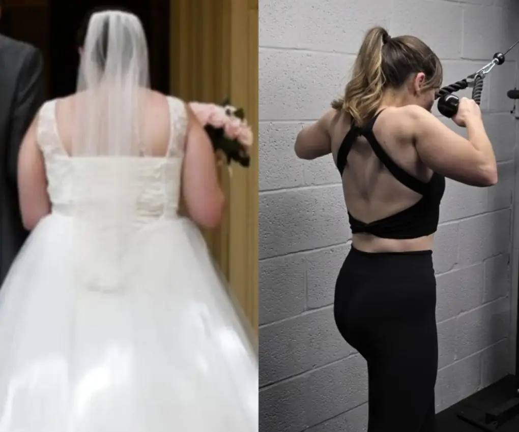 Before and after of a client from behind: before, in her wedding dress; after, in a black sports top, training on the cable machine.