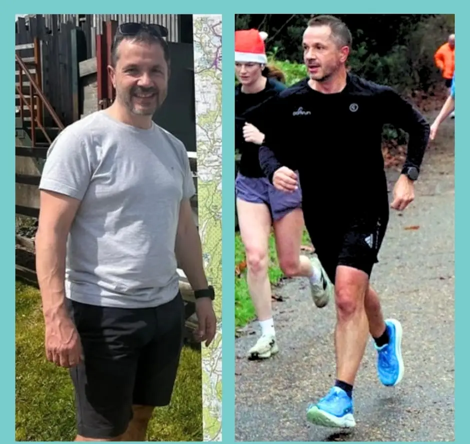 Before and after of a male client: before, standing in a grey T-shirt and shorts; after, running a trail race in black kit.