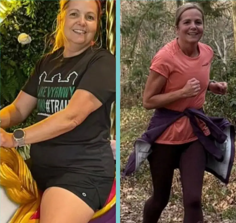Before and after of a female client: before, seated on a fairground carousel horse in a black T-shirt and shorts; after, running on a woodland trail in a coral top.