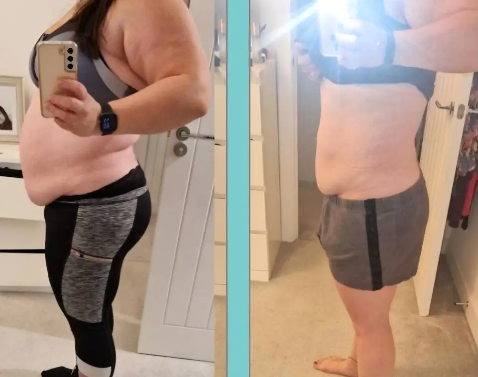 Before and after of a client: left, side view in a grey sports top and black leggings holding a phone in a bedroom; right, side view in a black top and grey shorts with a phone held up in the same style of room.