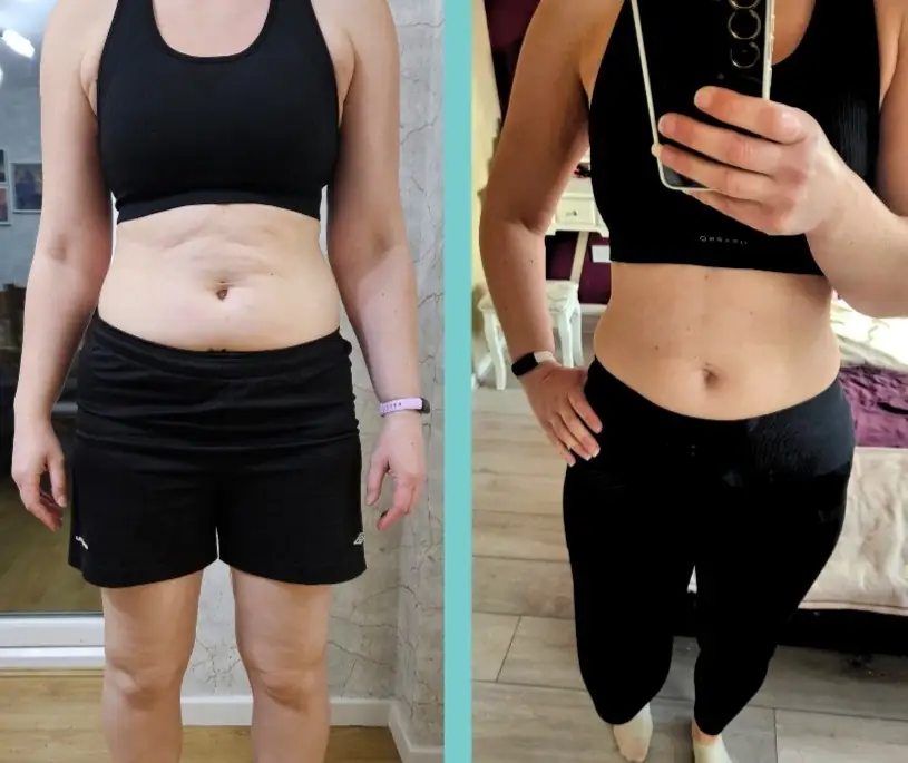 Before and after of a client: left, a front view in a black sports top and black shorts against a marble-effect wall; right, a mirror selfie in a black sports top and black leggings in a bedroom.