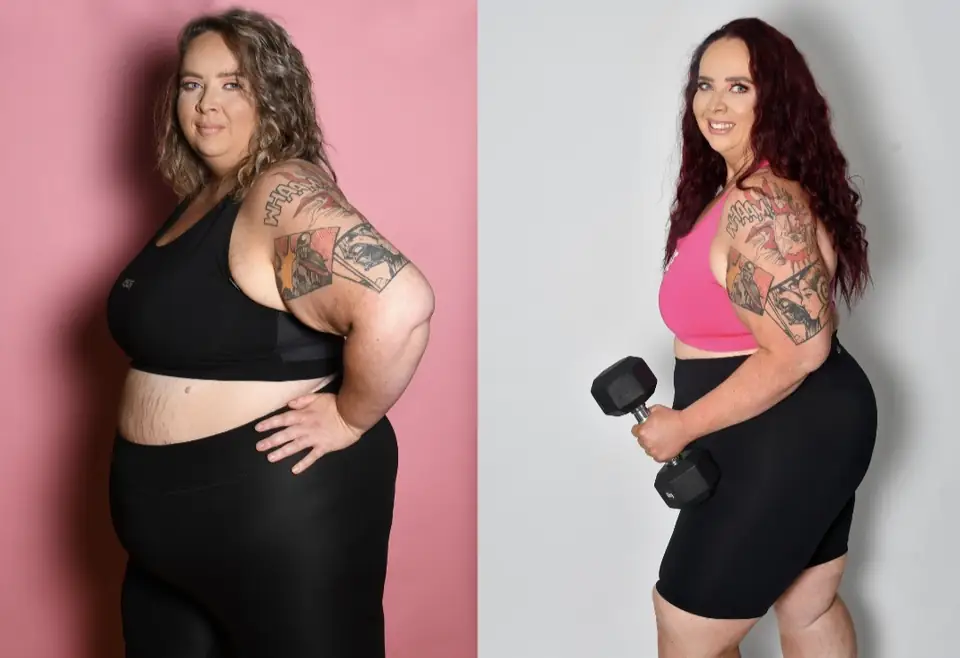 Before and after of a client: left, side-on in a black sports top and black leggings against a pink studio backdrop, hand on hip; right, side-on in a pink top and black shorts holding a dumbbell against a pale backdrop.