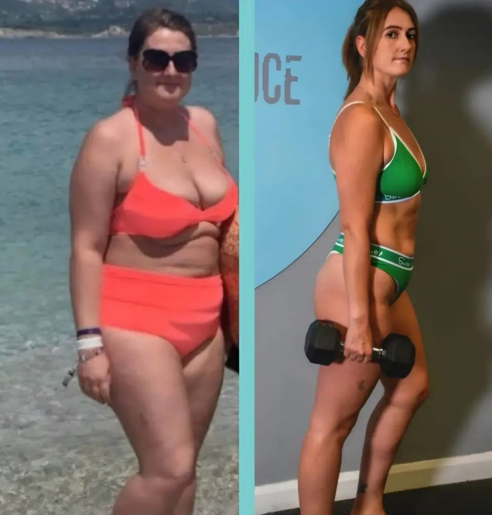 Before and after of a client: left, standing on a beach in an orange bikini and sunglasses with the sea behind; right, side-on in a green two-piece holding a dumbbell against a blue gym wall.