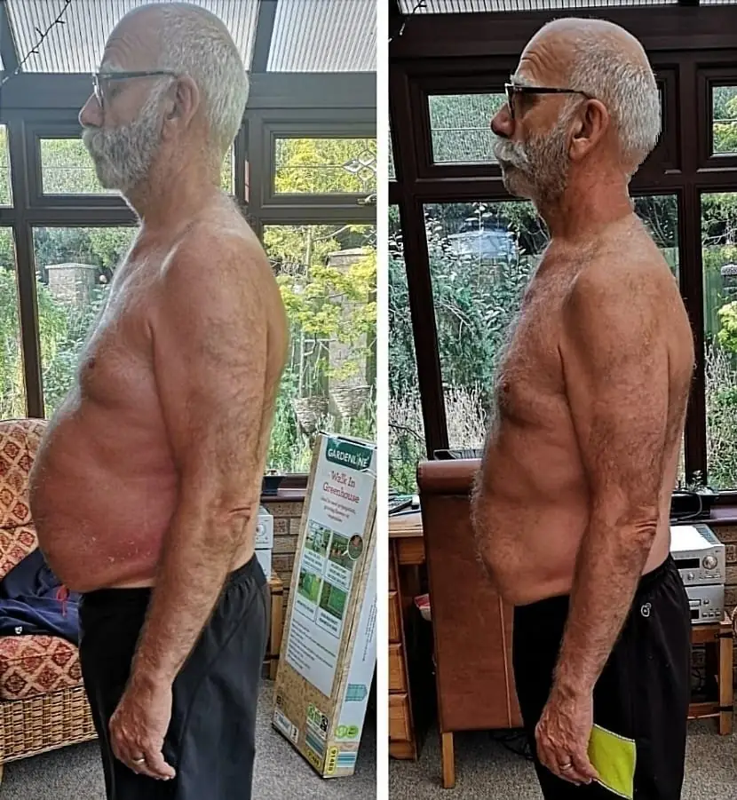 Before and after of a client: both sides show a side view of a bearded man in glasses, shirtless in black shorts, standing in a conservatory with garden windows behind.