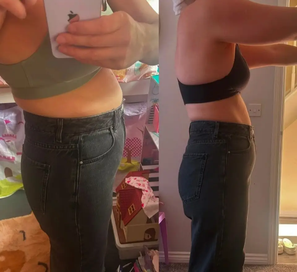 Before and after of a client: both sides show a side view in grey-black jeans, left in a green sports top in a child's playroom, right in a black sports top in a hallway.