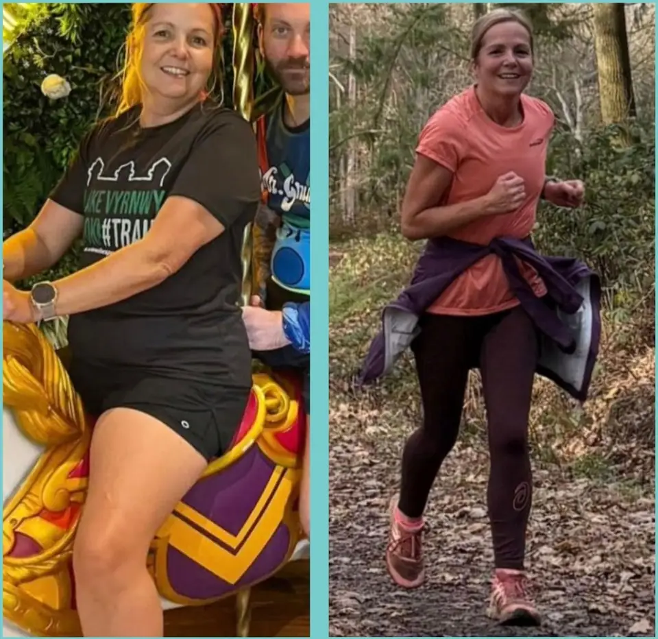 Before and after of a client: left, a smiling woman in a black T-shirt and shorts seated on a decorated carousel horse; right, the same woman jogging on a woodland path in an orange top, dark leggings and a jacket tied at the waist.